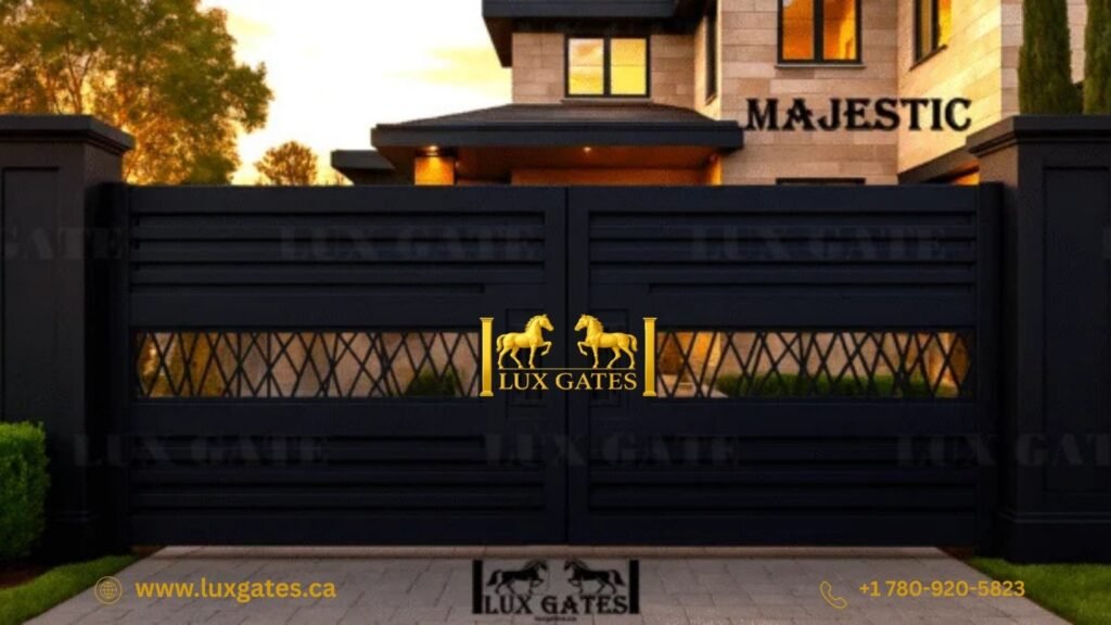Luxury modern aluminum driveway gate installation in Edmonton showcasing premium design and security for residential homes in Alberta.