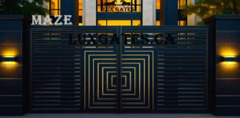 Modern black aluminum maze design driveway gate with decorative lighting and contemporary curb appeal.
