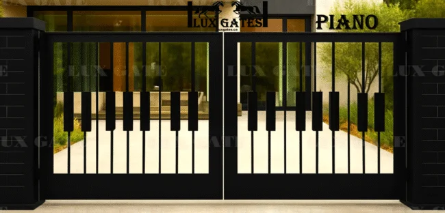 From Concept to Installation: The Custom Gate Design Process Explained Black piano-style entrance gate with decorative vertical bars and a modern “LUXGATES PIANO” design.