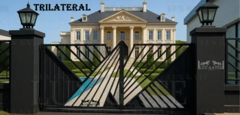 Modern custom driveway gate with geometric metal design in front of a luxury estate.