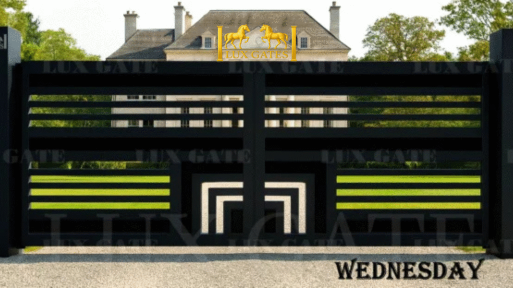 How Custom Gates Increase Property Value in Alberta Modern black custom driveway gate with geometric design in front of a luxury mansion, featuring Lux Gates branding.