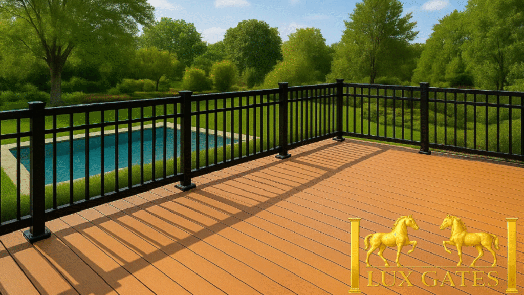 Black aluminum deck railing surrounding an outdoor deck with pool views, offering durability, safety, and modern style by Lux Gates.