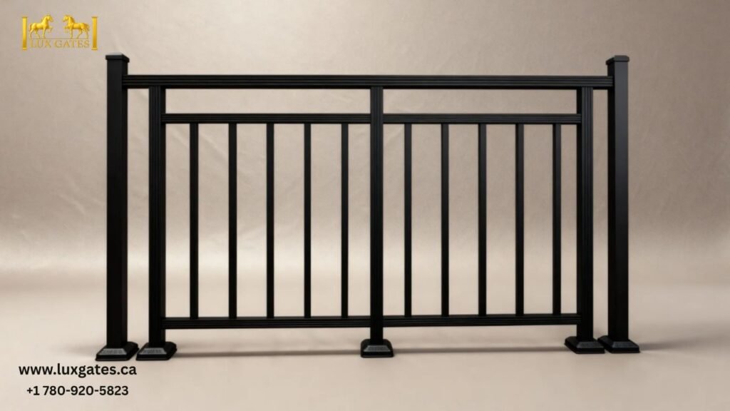 Modern welded aluminum deck railing in Edmonton providing safety, durability, and a stylish finish for residential outdoor spaces.