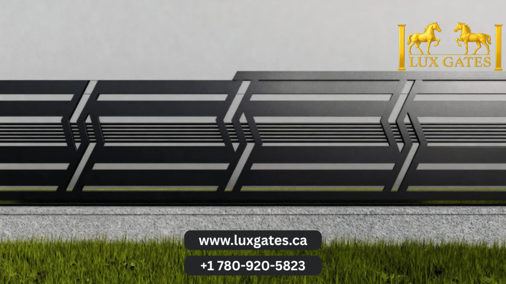 How to Choose the Right Deck Railing Style for Your Property Lux Gates modern black aluminum privacy fence with logo, website, and contact details.