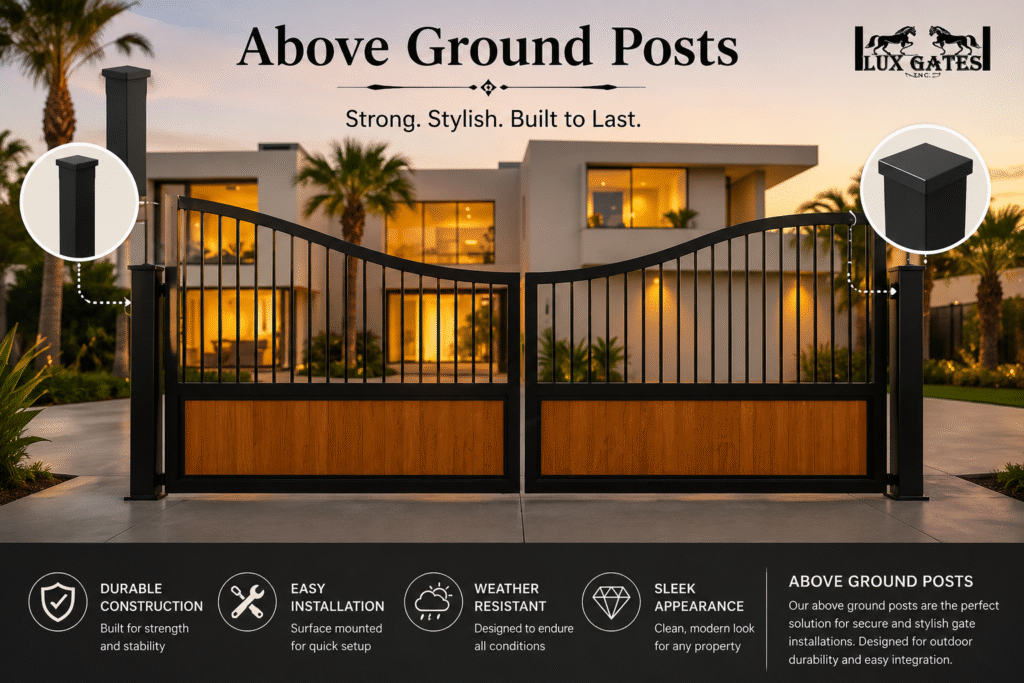 Above ground posts with a luxury aluminum driveway gate.