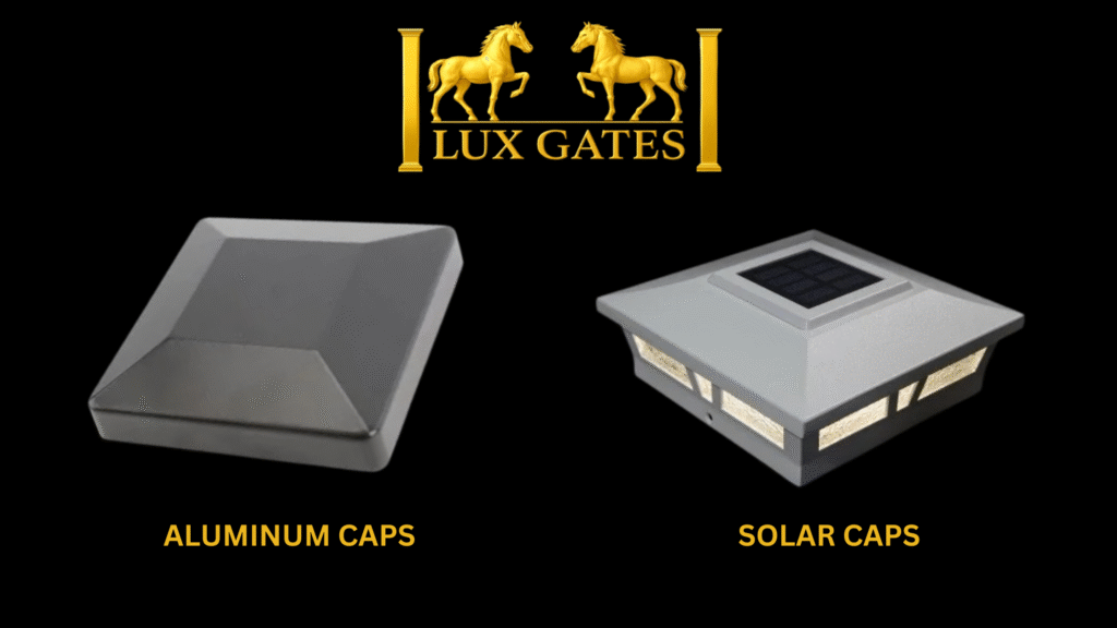 Aluminum caps and solar caps accessories for luxury driveway gates by Lux Gates.