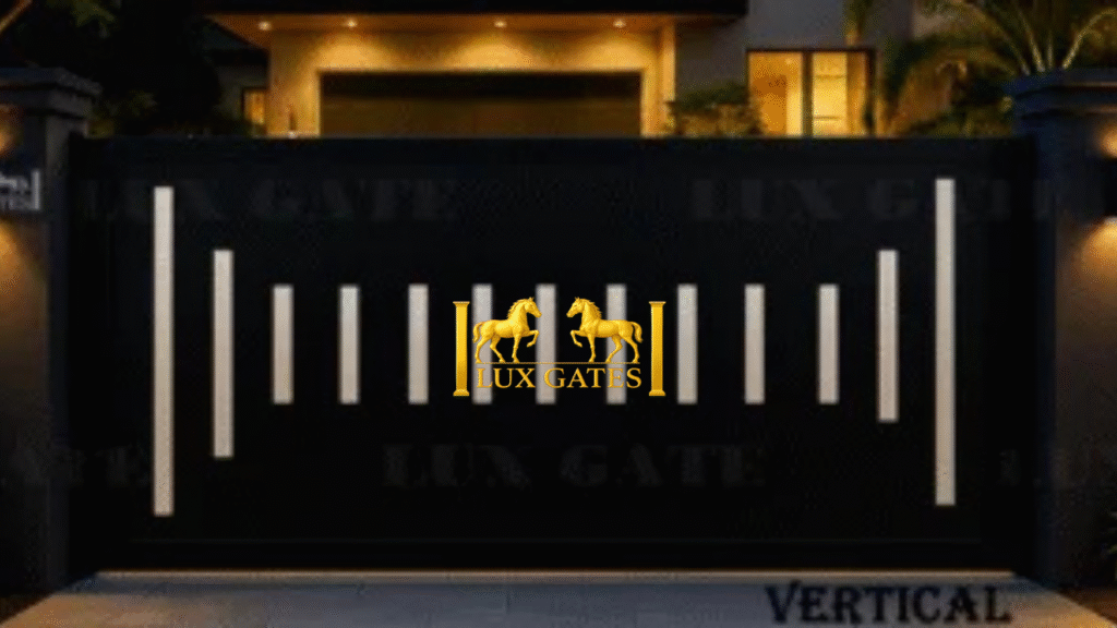 Modern black sliding gate with white accents.