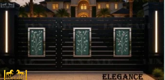 Modern Lux Gates Elegance sliding gate with decorative glass panels.