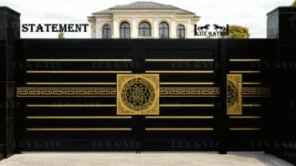 Black luxury gate with elegant gold decorative accents.