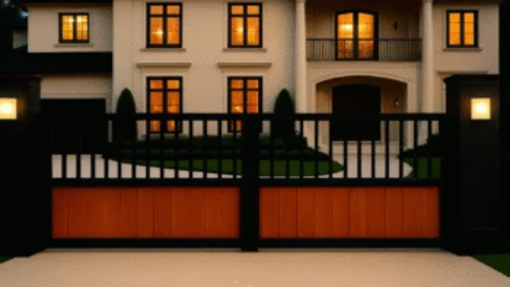Modern black and wood driveway gate with a luxury home entrance.