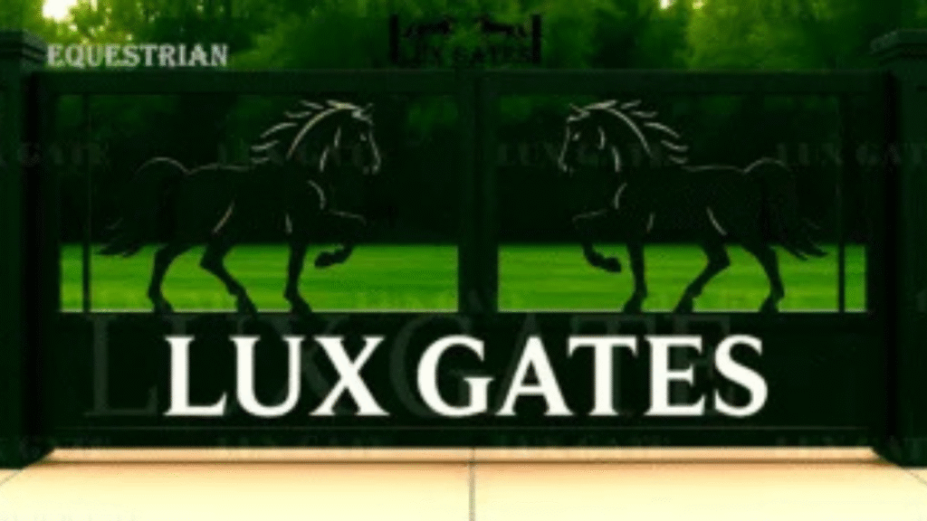 Luxury black gate with horse designs and “LUX GATES” text.