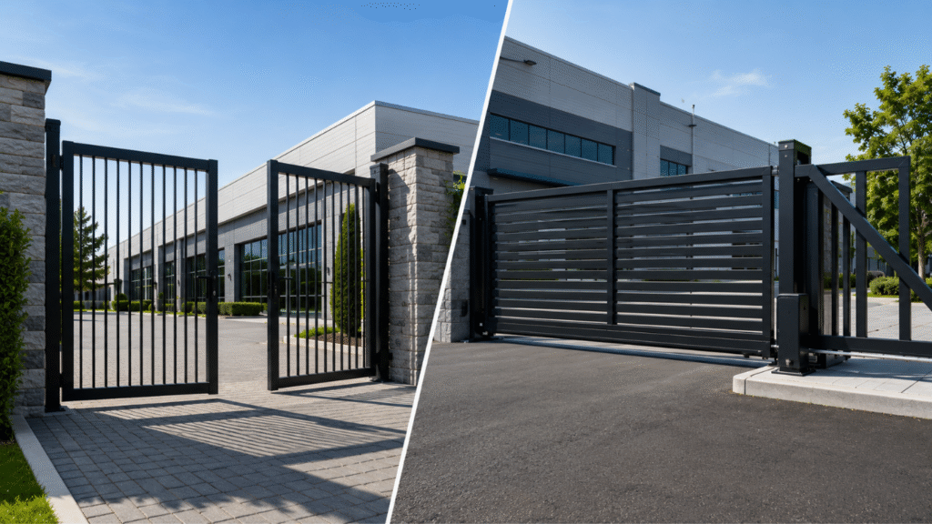 Swing and cantilever gates installed at modern commercial properties.